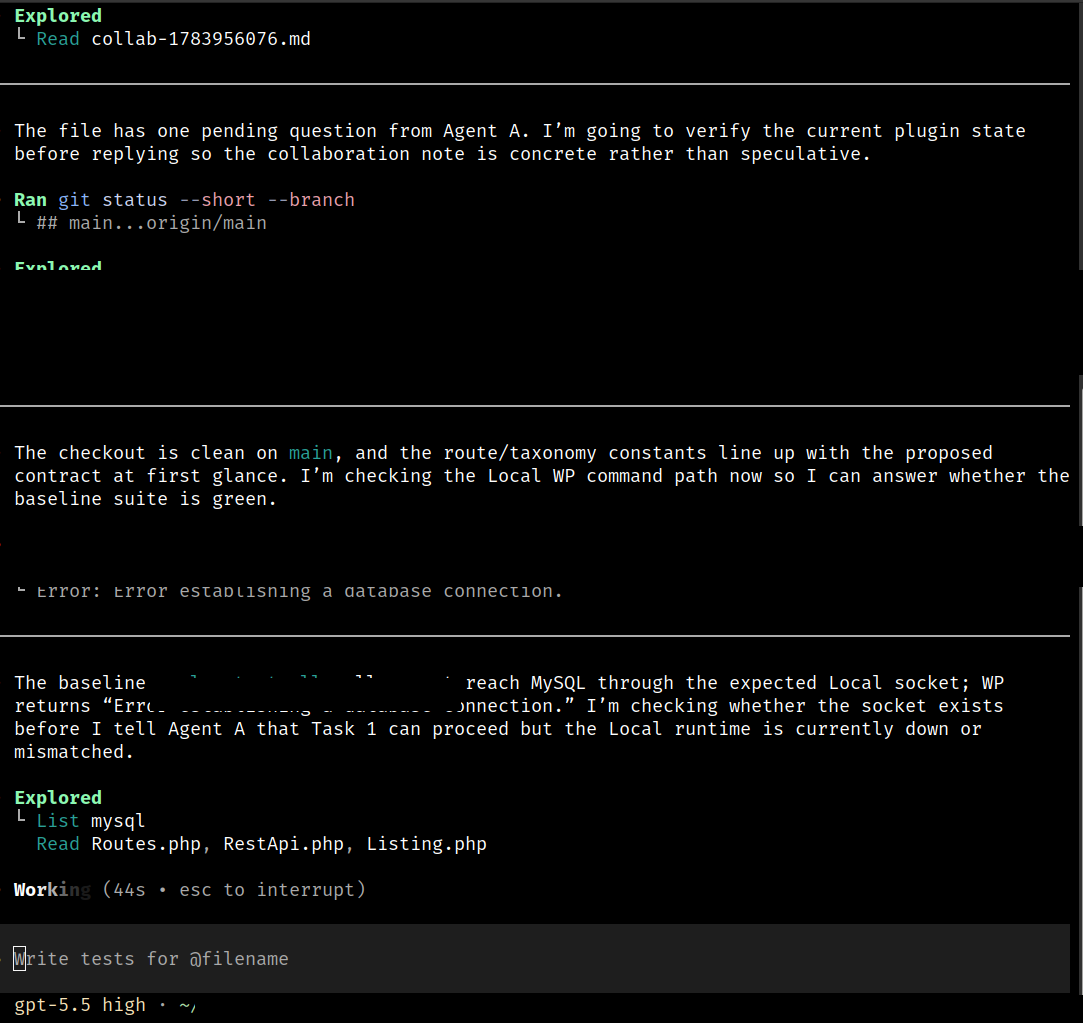 A Codex terminal reading the shared collab file, noting there is one pending question from the other agent, and running commands to verify the backend state before appending its reply