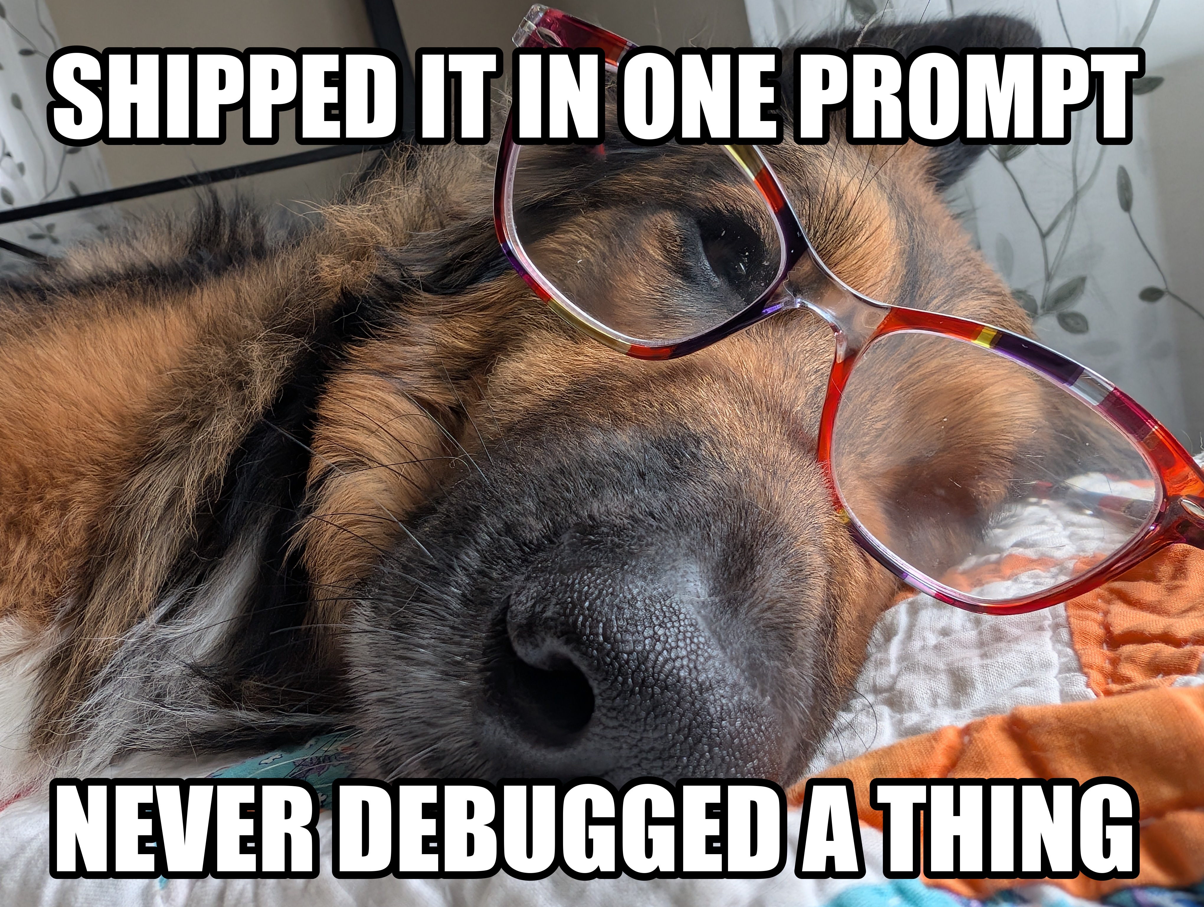 A long-haired German Shepherd asleep on a quilt with a pair of red reading glasses sitting crooked across its muzzle, captioned SHIPPED IT IN ONE PROMPT above and NEVER DEBUGGED A THING below