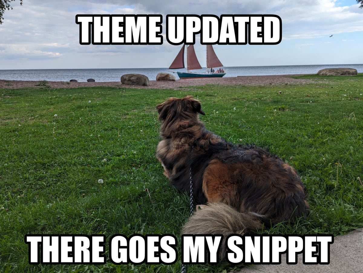 A long-haired brown and black dog lying in the grass with its back to the camera, watching a red-sailed schooner leave the shore of Lake Superior, captioned THEME UPDATED above and THERE GOES MY SNIPPET below