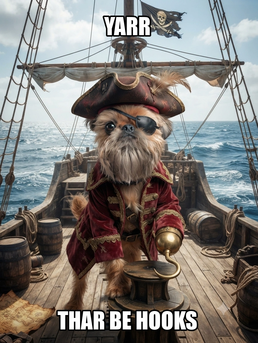 A pirate dog with an eye patch and a hook for a paw standing on a ship’s deck, captioned YARR above and THAR BE HOOKS below