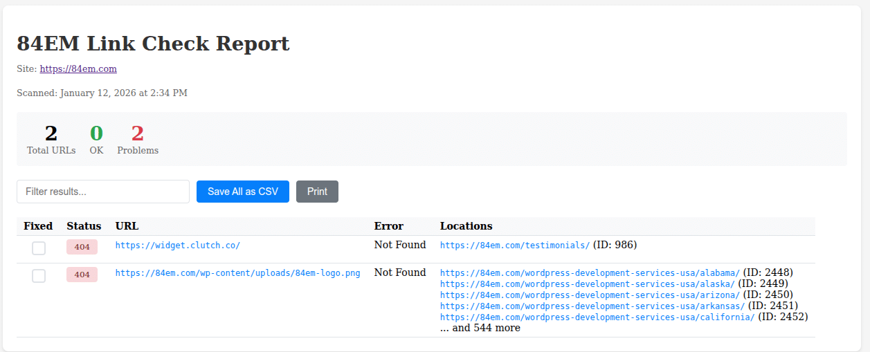 HTML report showing broken links with status codes, URLs, and locations